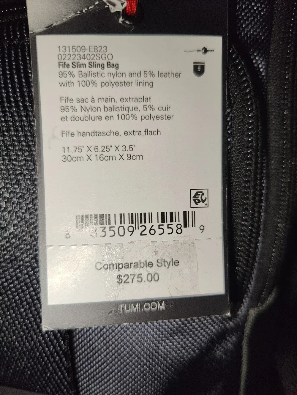 NWT Tumi Fremont Fife Slim Sling Bag (Seal Grey)
